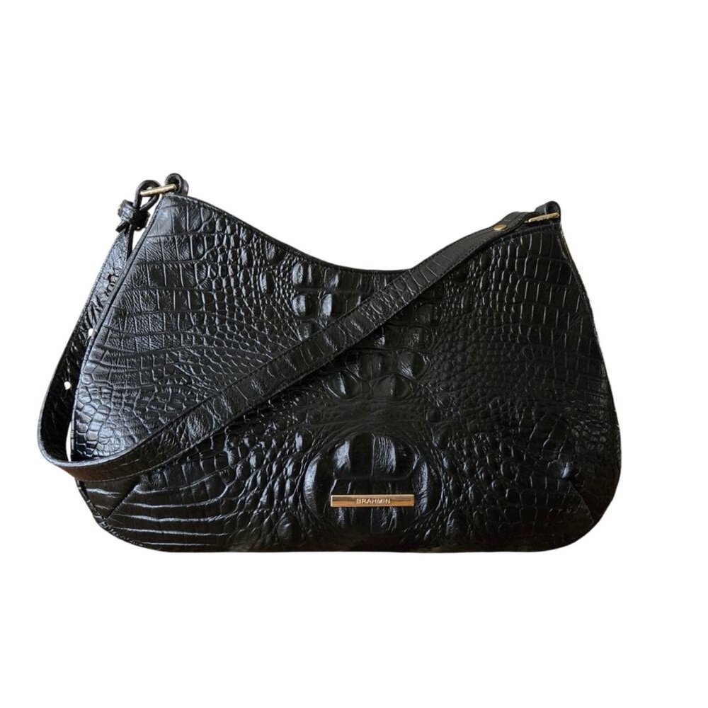 Brahmin Cayson Black Genuine Leather Croc Embossed Shoulder Bag Classic Preppy